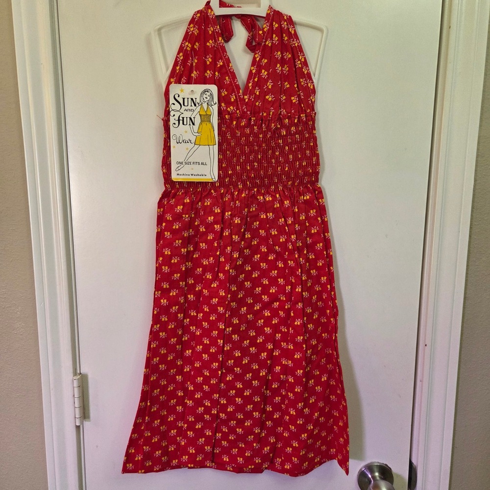 Sun and Fun Wear Red Floral Halter Smocked Dress One Size Kids Vintage Style